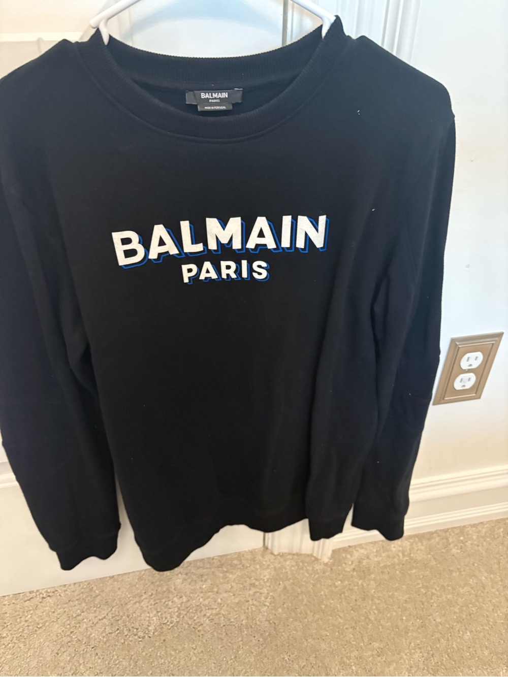 Balmain Paris Black Crewneck Sweatshirt with White and Blue Logo